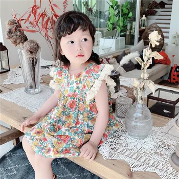 2020 Metų Vasaros Naują Korėjos Mergaičių Mielas Flroal Suknelė Vaikščioti Vaikai Rankovių Medvilnės Suknelės, Suknelės Vaikams