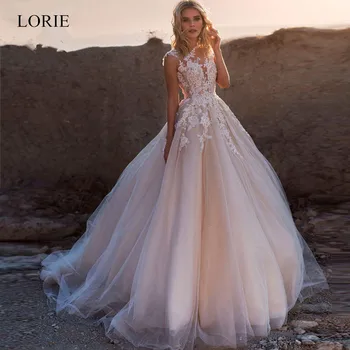 LORIE 2020 m. Scoop Nėrinių Aplikacijos Linijos, Vestuvių Suknelės Rankovių Tiulio Boho Vestuvinės Suknelės Ilgio Traukinio Elegantiškas Princesė Suknelės