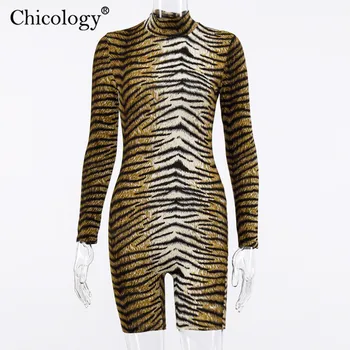Chicology leopard ilgomis rankovėmis tuntle kaklo playsuit moterų sexy romper streetwear combishort 2019 m. rudenį, žiemą šalies klubas drabužius