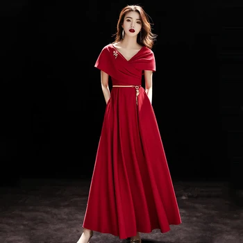 Tai Yiiya Raudoną vakarinių Suknelių Klostyti Peties Elegantiškas Moteris, Pokylių Chalatai V-Kaklo trumpomis Rankovėmis Plius Dydis Ilgas Oficialų Suknelė K252