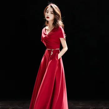 Tai Yiiya Raudoną vakarinių Suknelių Klostyti Peties Elegantiškas Moteris, Pokylių Chalatai V-Kaklo trumpomis Rankovėmis Plius Dydis Ilgas Oficialų Suknelė K252