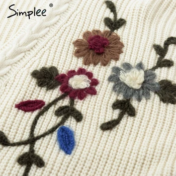 Simplee Siuvinėjimo gėlių megzti ilgas megztinis moteriška V kaklo atsitiktinis kišenėje jumper 2018 m. Rudens žiemos moterų džemperis cardigan